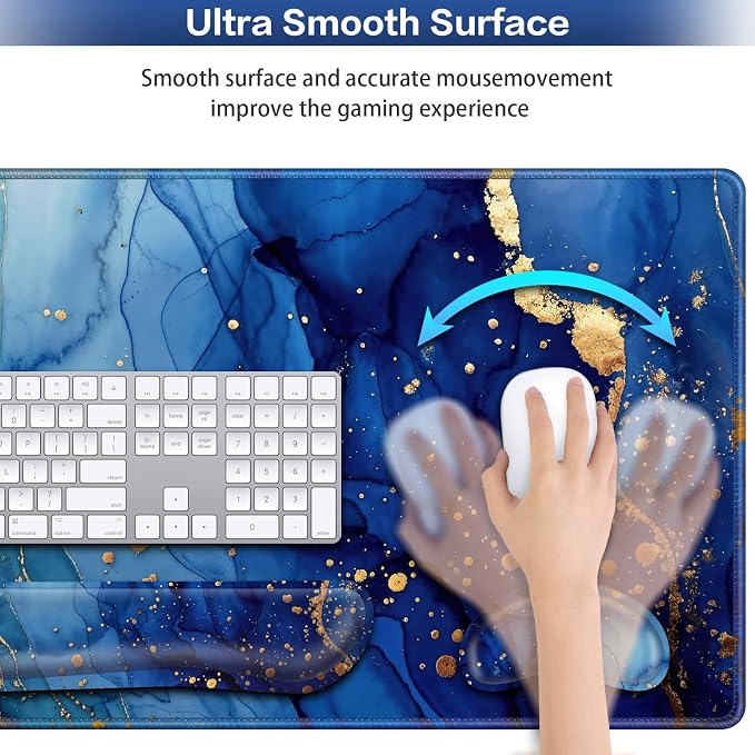 Desk Mat Blue, Large Gaming Mouse Pad with Wrist Rest, 4in1 XXL Mousepad+Keyboard Wrist Rest+Mouse Pad Wrist Support+Cup Coaster Set Ergonomic Computer Desk Arm Wrist for Decor Home Office Women