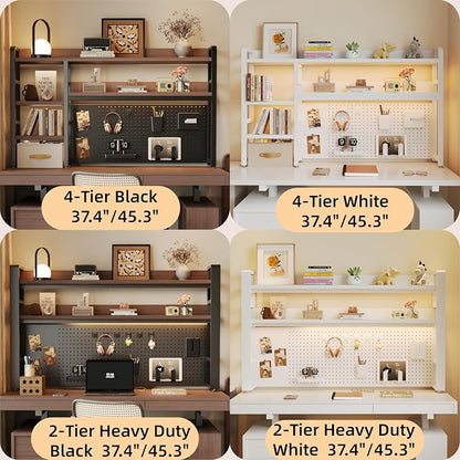 Desktop Hutch Bookshelf, 2-Tier Metal Desk Shelf for Top of Desk | Heavy Duty Countertop Organizer Rack with Peg Board & Accessories Space-Saving Storage for Dorm, Office & Home