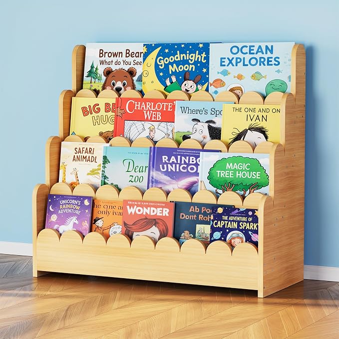 SpaceAid 4-Tier Scalloped Bookshelf, Montessori Bookcase for Toddlers, Wooden Book Shelf Organizer Display Furniture for Kids Rooms, Playroom, Nursery and Classroom, 29.6“ Wide, Natural