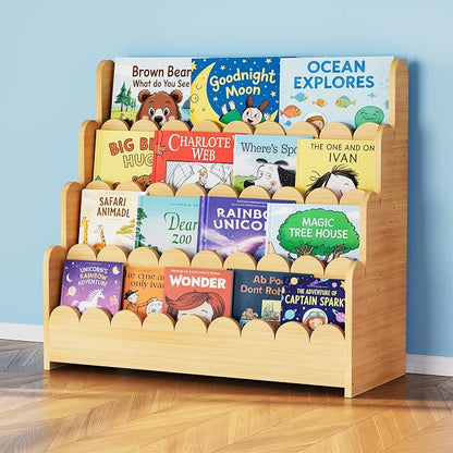 SpaceAid 4-Tier Scalloped Bookshelf, Montessori Bookcase for Toddlers, Wooden Book Shelf Organizer Display Furniture for Kids Rooms, Playroom, Nursery and Classroom, 29.6“ Wide, Natural
