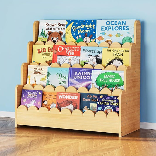 SpaceAid 4-Tier Scalloped Bookshelf, Montessori Bookcase for Toddlers, Wooden Book Shelf Organizer Display Furniture for Kids Rooms, Playroom, Nursery and Classroom, 29.6“ Wide, Natural