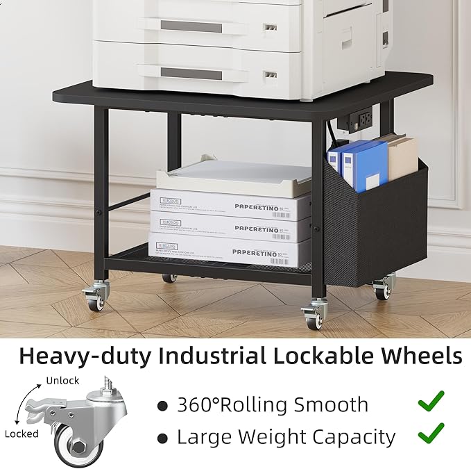 YAOHUOO 23.6"×23.6" Large Printer Stand with Power Outlet, Printer Table with Storage Side Pocket, Heavy Duty Rolling Cart for Home Office 3D Printer/Laser/Heat Press Table, Black