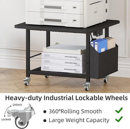YAOHUOO 23.6"×23.6" Large Printer Stand with Power Outlet, Printer Table with Storage Side Pocket, Heavy Duty Rolling Cart for Home Office 3D Printer/Laser/Heat Press Table, Black