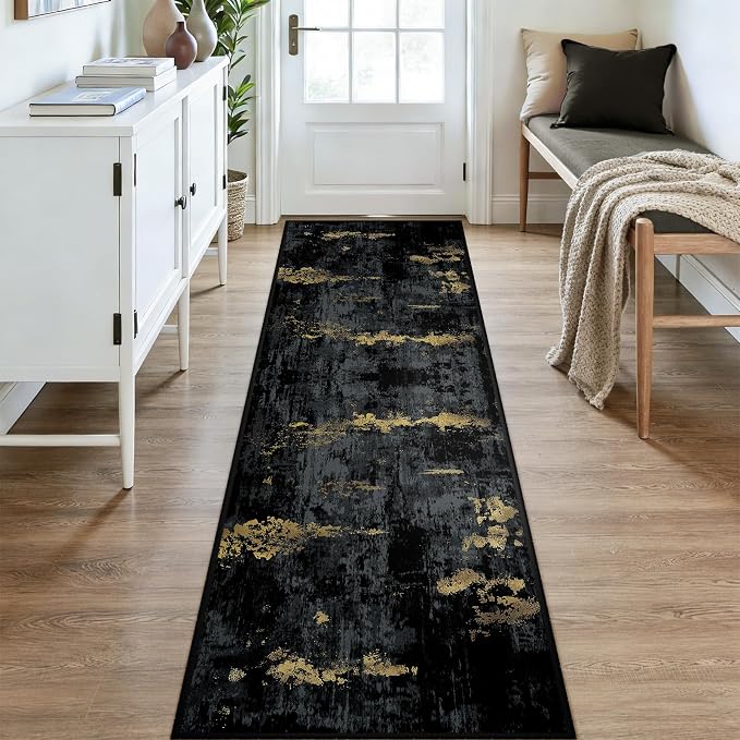 RELEANY Washable Area Rugs 3x9 Non-Slip Modern Abstract Soft for Living Room Entryway Bedroom Kitchen, Print Pattern, Dark Black Gold