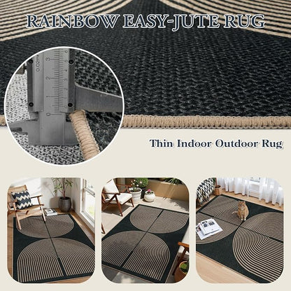 Lahome Modern Rainbow Easy Jute 4x6 Rug, Outdoor Patio Rug for Living Room Washable Black Carpet for Bedroom, Contemporary Non Slip Non Shedding Floor Carpet for Office Backyard