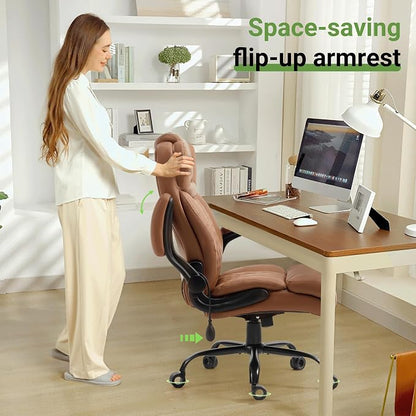 Office Chair, Big and Tall Executive Chairs with Lumbar Support for Back Pain, Breathable Desk Computer Chair with Adjustable Flip-up Armrests,Wide Cushion Swivel Home Office Chair Black,Brown PU