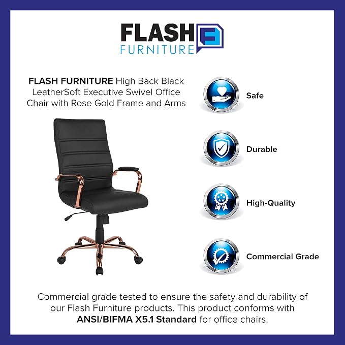 Flash Furniture Whitney High-Back Swivel LeatherSoft Desk Chair with Padded Seat and Armrests, Adjustable Height Padded Office Chair, Black/Rose Gold