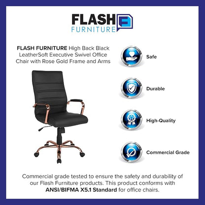 Flash Furniture Whitney High-Back Swivel LeatherSoft Desk Chair with Padded Seat and Armrests, Adjustable Height Padded Office Chair, Black/Rose Gold