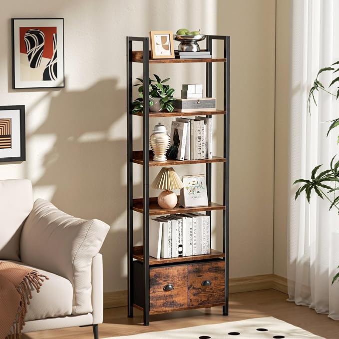 Furologee 6-Tier Bookshelf, Tall 71" Rustic Bookcase with 2 Drawers Storage Organizer, Industrial Display Free Standing Shelf Units, Wood and Metal Storage Rack for Home Office, Bedroom, Rustic Brown | Bookcase