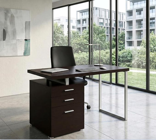 CARTESIAN Vertex Reversible 47 Inch Office Computer Desk with 3 Drawers, Cappuccino Finish, Silver Metal Frame