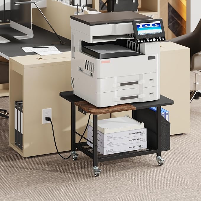 YAOHUOO 23.6"×23.6" Large Printer Stand with Power Outlet, Printer Table with Storage Side Pocket, Heavy Duty Rolling Cart for Home Office 3D Printer/Laser/Heat Press Table, Rustic Brown