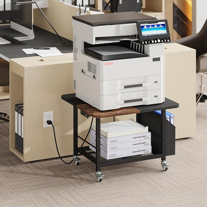YAOHUOO 23.6"×23.6" Large Printer Stand with Power Outlet, Printer Table with Storage Side Pocket, Heavy Duty Rolling Cart for Home Office 3D Printer/Laser/Heat Press Table, Rustic Brown