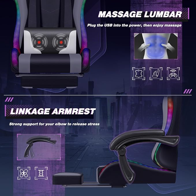 Homall Gaming Chair, Video Game Chair with Footrest and Massage Lumbar Support, Ergonomic Computer Chair Height Adjustable with Swivel Seat and Headrest (RGB Lvory)