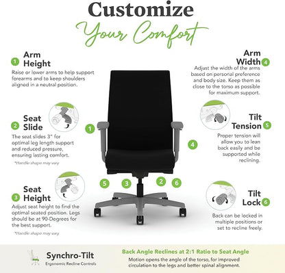 HON Ignition 2.0 Ergonomic Office Chair with Adjustable Arms, Advanced Synchro‑Tilt Recline, Upholstered Desk and Computer Chair for Home Office or Workstation, Titanium Frame, Black