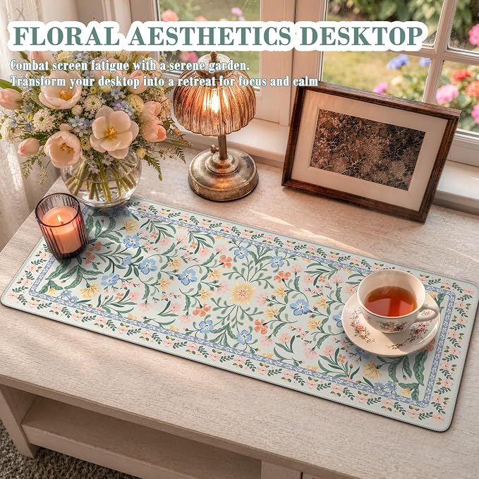 iCasso Aesthetic Floral Desk Mat, L Mouse Pads, Anti-Slip Mousepad with Stitched Edges, Waterproof Computer Pad 11.8"x31.5", Green Desk Accessories Office Decor for Women(Green Floral)