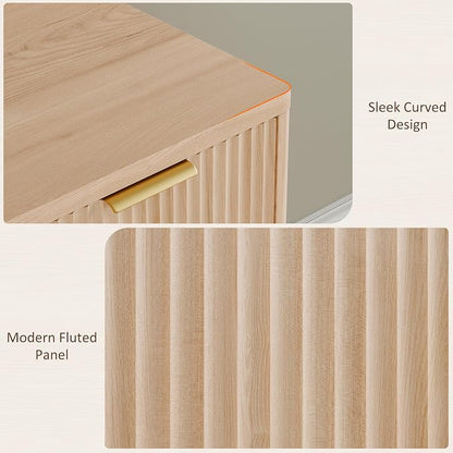 Whalefall 63'' Fluted L Shaped Desk with Drawers, Natural Oak | Corner Computer Desk with Charging Station, Modern Executive Home Office L Desk with File Cabinet Storage