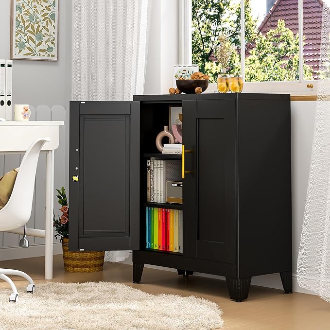 pozdeg 35.43" Metal Storage Cabinet with Lock, Metal File Cabinet with 2 Doors ＆ 2 Adjustable Shelves, Steel Locker Utility Tool Garage Cabinets for Home, Office, Warehouse (Black)