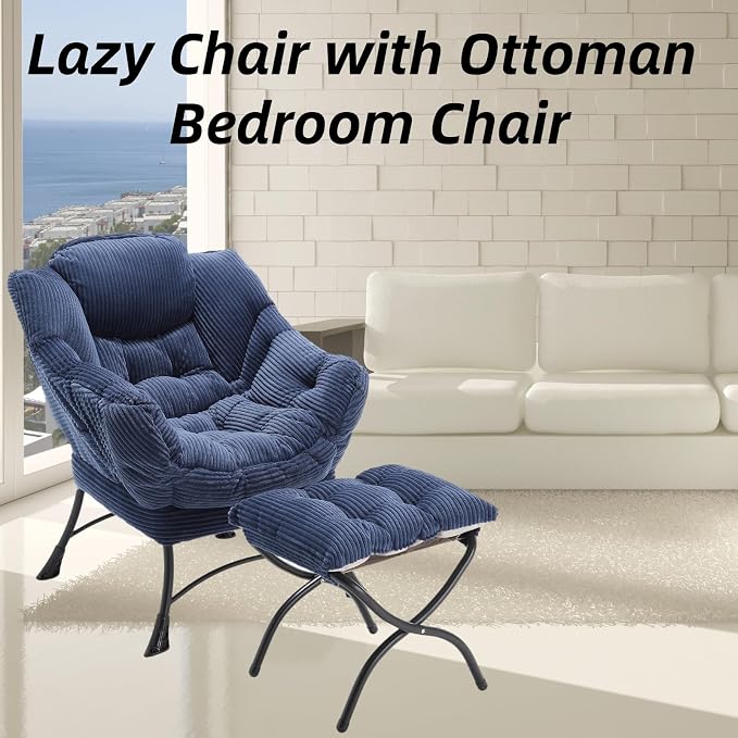 Modern Lazy Chair with Ergonomic Ottoman, Comfortable Lounge Chair with Footrest for Space Saving, Comfy Reading Armchair for Living Room, Bedroom, Office, Navy