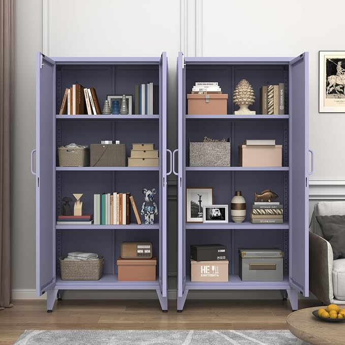 61" H Tall Lockable Steel Storage Cabinet with 2 Doors and 3 Adjustable Shelves,4-Tier Freestanding Metal Locker for Home,Office,Living Room,Gym,Purple 27.6" W x 13.8" D