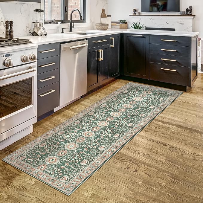 Goideal Washable Runner Rug 2x6, Vintage Rugs Non Slip, Indoor Low Pile Carpet with Rubber Backing for Kitchen Bathroom Entryway Office Bedroom,Green & Orange