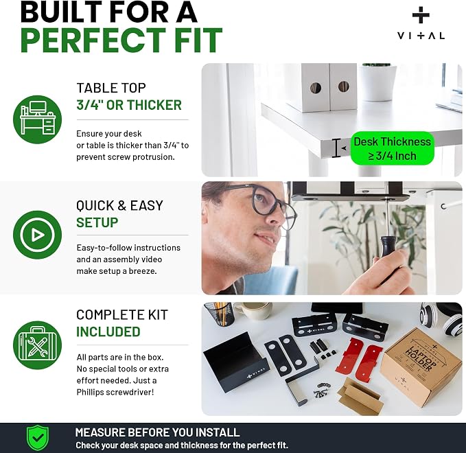 VI+AL Under Desk Laptop Mount - Hidden Metal Shelf with Side Storage, Hook & Cable Organizer - Installs with Tape & Screws - Fits Devices up to 1.7" Thick - Deluxe + LED (USB Light Strip & Remote)