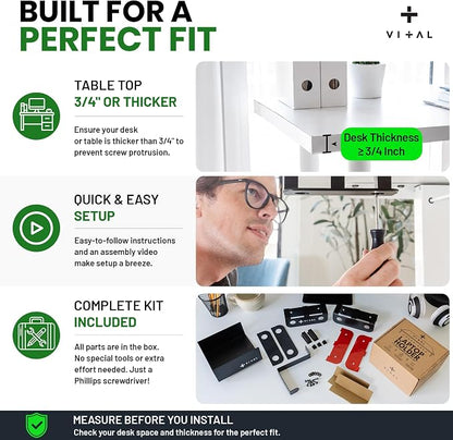 VI+AL Under Desk Laptop Mount - Hidden Metal Shelf with Side Storage, Hook & Cable Organizer - Installs with Tape & Screws - Fits Devices up to 1.7" Thick - Deluxe + LED (USB Light Strip & Remote)