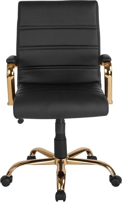 Flash Furniture Whitney Mid-Back Swivel LeatherSoft Desk Chair with Wheels, Padded Seat and Armrests, Adjustable Height Padded Office Chair, Black