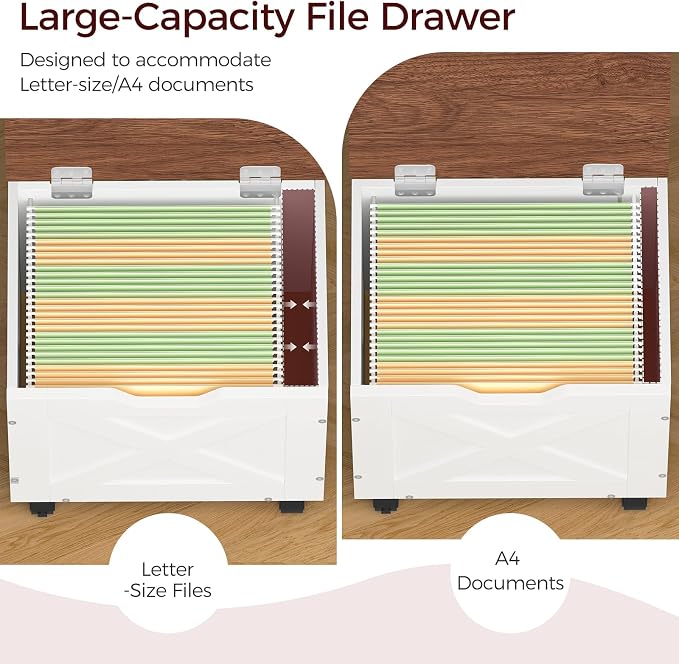 MAHANCRIS Rolling Filing Cabinet, Small File Cabinet Under Desk with Single Drawer, Hanging File Organizer for A4/Letter-Size Documents, Organizer Box, for Home Office, White and Walnut FCBA4001