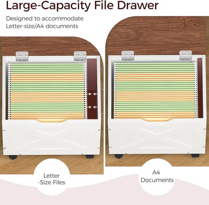 MAHANCRIS Rolling Filing Cabinet, Small File Cabinet Under Desk with Single Drawer, Hanging File Organizer for A4/Letter-Size Documents, Organizer Box, for Home Office, White and Walnut FCBA4001