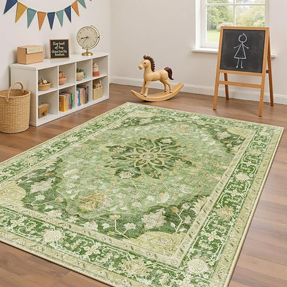 RELEANY Area Rugs 4'x6' Washable Non-Slip, Floral Vintage Distress Medallion Carpet for Living Room Bedroom Dining Room, Sage Green Yellow