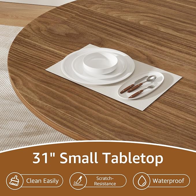 31.5 inch Round Dining Table for 2, Small Dinner Table with 2-Layer Storage Shelf, Morden Circle Kitchen Table with Strip Base and Wood Slide Door for Home Dining Room, Living Room, Chestnut
