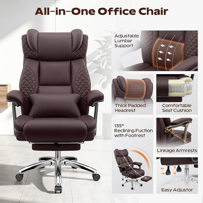 Office Desk Chair with Footrest, Big and Tall Executive Office Computer Chair, Extra Wide 400LBS Heavy Duty Office Chair, High Back Ergonomic Office Gaming Chair with Adjustable Lumbar Support