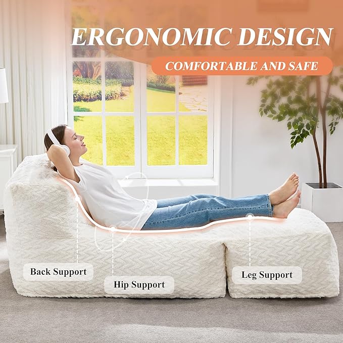 Hobestluk Giant Memory Foam Bean Bag Chairs for Adults (Snow White,Large) | Soft Fabric,Ergonomic Back Support,Lightweight,Easy Clean,No Assembly,Wear-resisting,For Livingroom Guest room,Well-looking