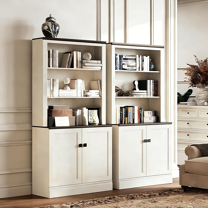 FENSULN 72 in Tall Bookshelf 5 Tier Bookcase with Adjustable Shelves, Antique White Book Shelf with Storage Cabinet, Wood Freestanding Display Bookshelves for Home Office,Bedroom, Living Room(Pack 2)