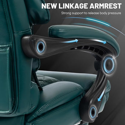 Massage Office Chair with Foot Rest,6 Points Vibration&Heat Executive Office Chairs,Big and Tall Office Chair 500LBS,Ergonomic Desk Chair for Heavy People,Home and Office Computer Chair,Green PU