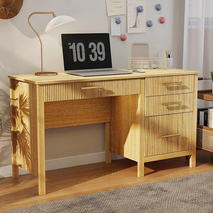 Fluted Executive Desk with Drawers: 54" Oak Home Office Desks with File Drawers, Modern Computer Desk with Gold Handles, Writing Table for Study, Living Room (Oak, 54")