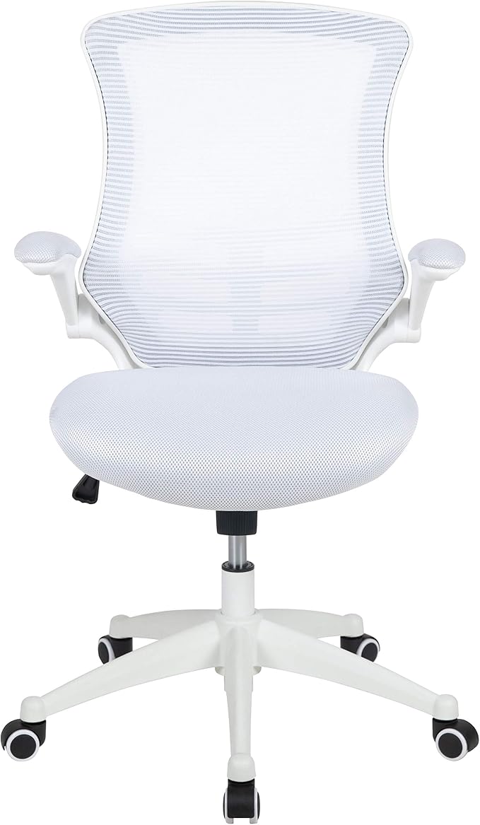 Flash Furniture Kelista Mid-Back Swivel Office Chair with Adjustable Lumbar Support and Seat Height, Ergonomic Mesh Desk Chair with Flip-Up Armrests, White