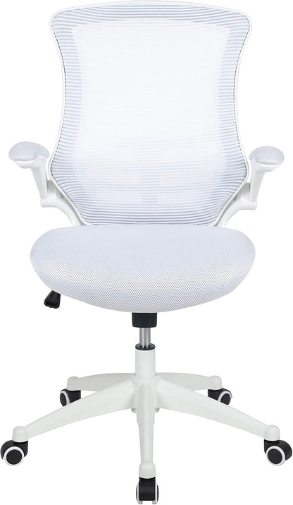 Flash Furniture Kelista Mid-Back Swivel Office Chair with Adjustable Lumbar Support and Seat Height, Ergonomic Mesh Desk Chair with Flip-Up Armrests, White