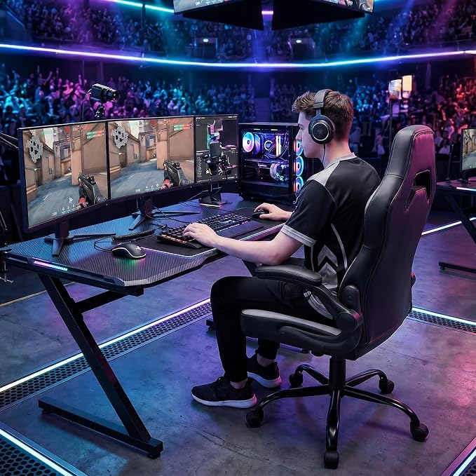 Sweetcrispy Computer Video Game Desk Chair: Ergonomic Comfy Lumbar Support, PU Leather with Flip-up Armrest, Height Adjustable and 360° Swivel, for Adults, Black Grey