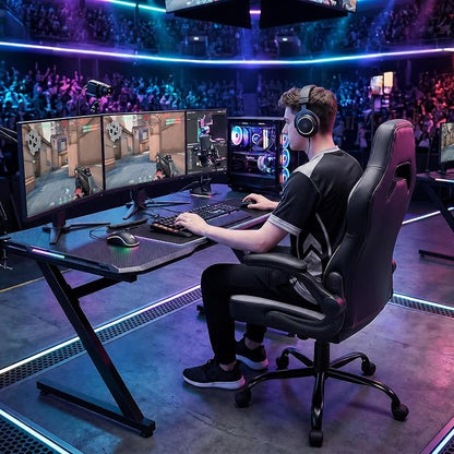Sweetcrispy Computer Video Game Desk Chair: Ergonomic Comfy Lumbar Support, PU Leather with Flip-up Armrest, Height Adjustable and 360° Swivel, for Adults, Black Grey