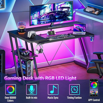Korfile 55 Inch Gaming Desk with Power Outlet & LED Lights, L Shaped Gamer Computer Table with Storage Shelves for Bedroom, Corner Home Office Desk, Carbon Fiber Black