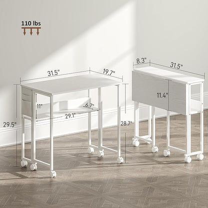 HOMCOM Small Folding Desk, Rolling Computer Desk Foldable with Storage Bag and Shelf, 31.5" Portable Writing Table on Wheels for Small Spaces, Home Office, Study, Easy Assembly, White