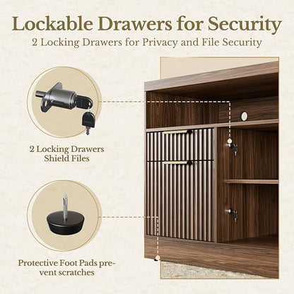 2 Drawer Fluted File Cabinet, 32'' Lateral File Cabinet with Lock and AC/USB for Letter/A4 Size, Wood Filing Cabinet with Storage Shelves for Home Office, Black Walnut