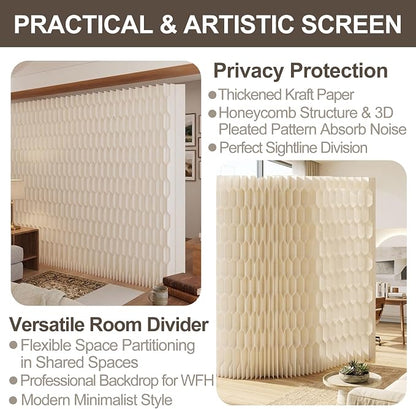 Freestanding Room Divider – Double‑Sided Honeycomb & Pleated, Accordion Kraft Paper Privacy Screen with 16.9" Wide Anti‑Slip Base, Portable Partition Wall for Living Room, Studio, Exhibition