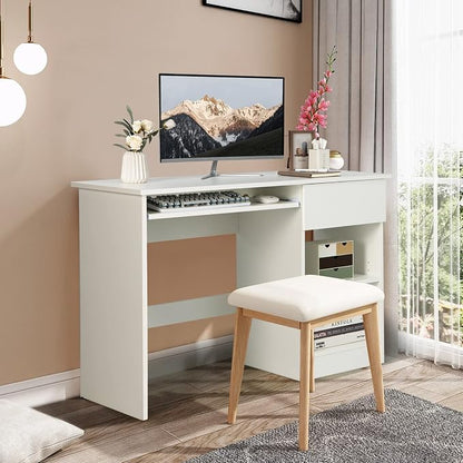Tangkula White Desk with Drawer, Wooden Computer Desk with Pull-Out Keyboard Tray & Adjustable Storage Shelves, Modern Laptop PC Desk with CPU Stand, Writing Study Desk for Bedroom (White)