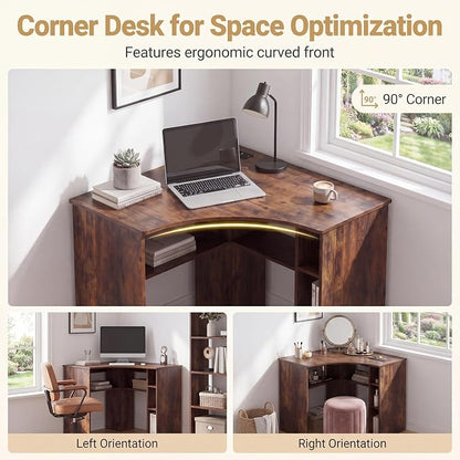 Giantex Corner Desk, Triangle Computer Desk with Charging Station, Open Storage Shelves and Curved Edge, Industrial Space Saving Writing Desk for Small Spaces, Home Office, Bedroom