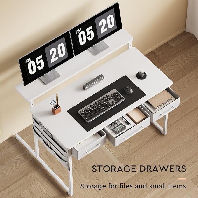 Maihail Small Desk with Drawers, 39.4X15.8-22.9 Inches Office Computer Desk with Side Pocket & Ergonomic Monitor Stand, Writing Table for Small Spaces, Bedroom, White