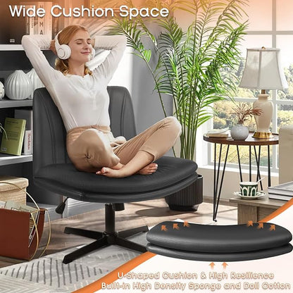 PUKAMI Criss Cross Chair,Comfy Cross Legged Office Desk Chair No Wheels,Modern Fabric Swivel Adjustable Height Mid Back Wide Seat for Home Office Computer (Pu Grey)