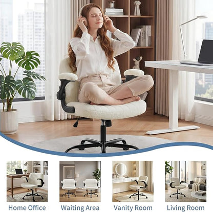 DUMOS Criss Cross Home Office Chair with Wheels, Wide Cross Legged Desk Vanity Chair Comfy Fabric Flip-Up Armrests Adjustable Swivel Chairs for Home Computer Bedroom, Beige