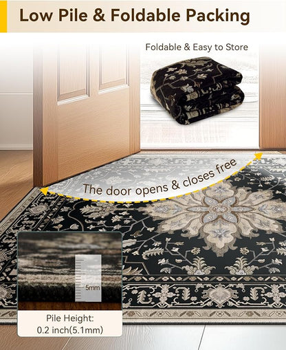 RELEANY Area Rugs Runner 2'x5' Washable Non-Slip, Floral Vintage Distress Medallion Carpet for Kitchen Hallway Bedroom Beside Laundry Room Bathroom, Black Brown Neutral Dark Tan